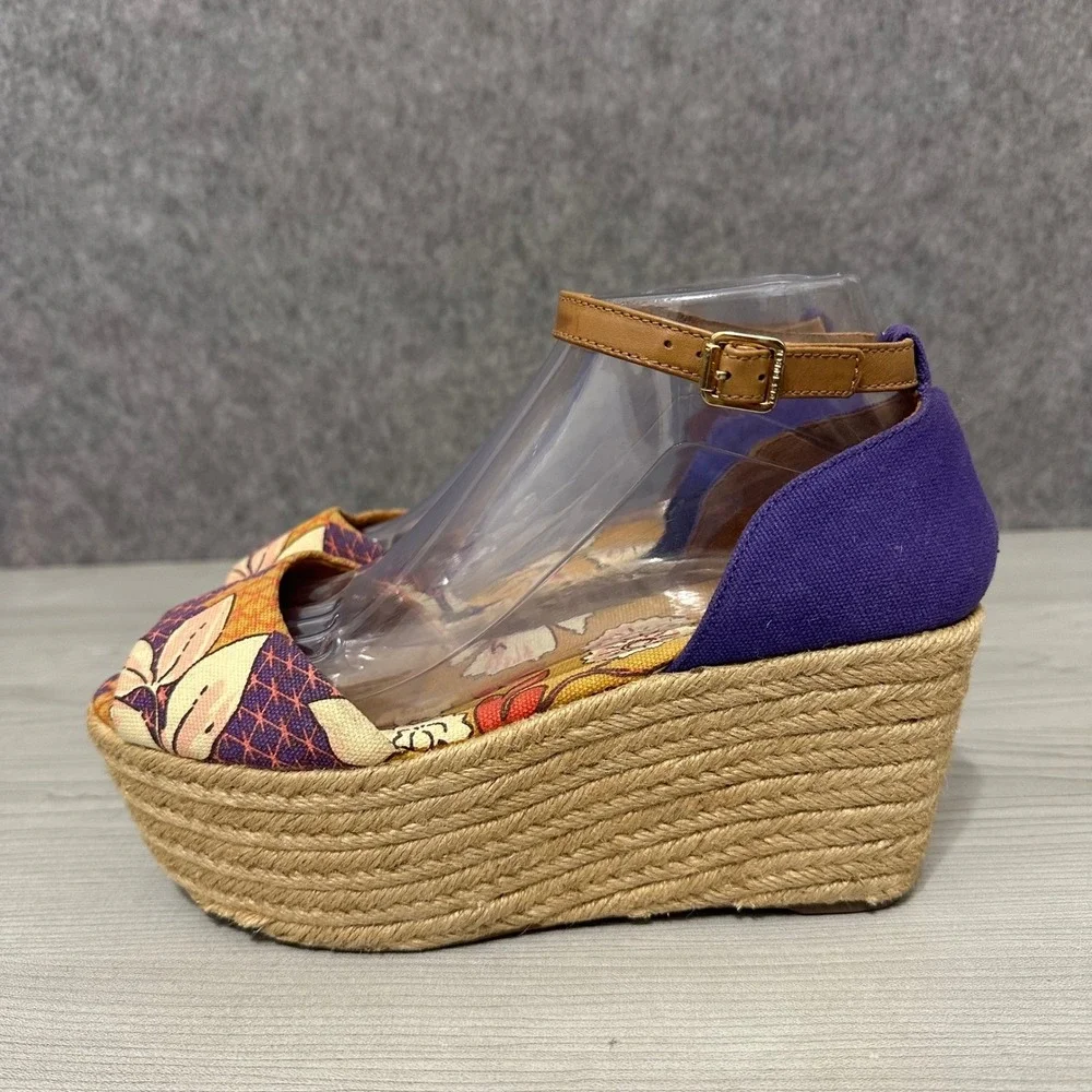 Tory Burch Sherri Mid Wedge‎ Espadrille Sandals Floral Ankle Strap Women's Sz 8
